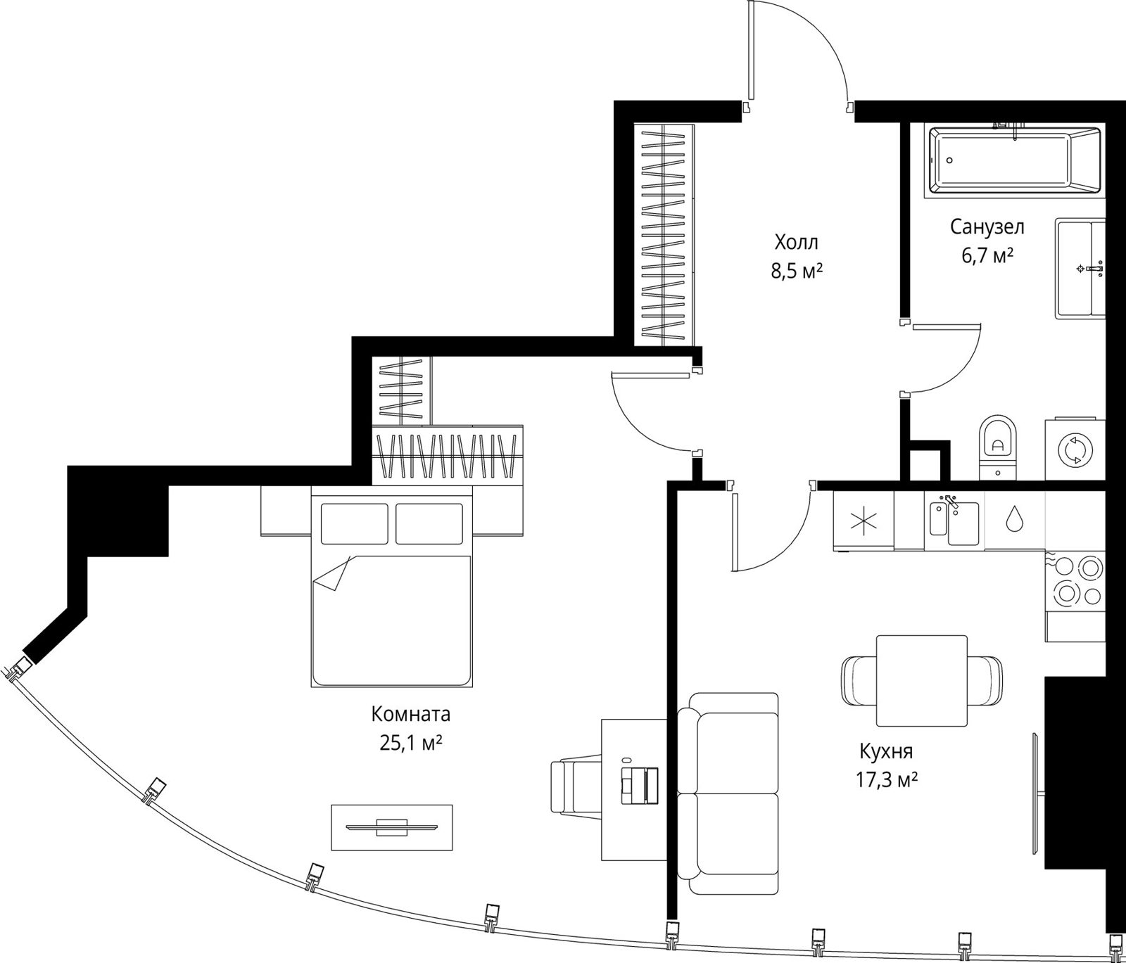 1-комнатная квартира, 57,6 м²