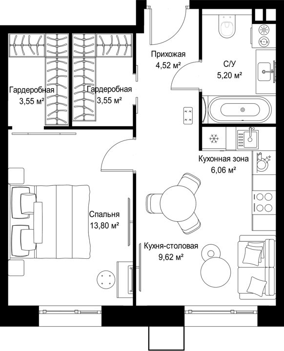 1-комнатная квартира, 46,3 м² — фото 1