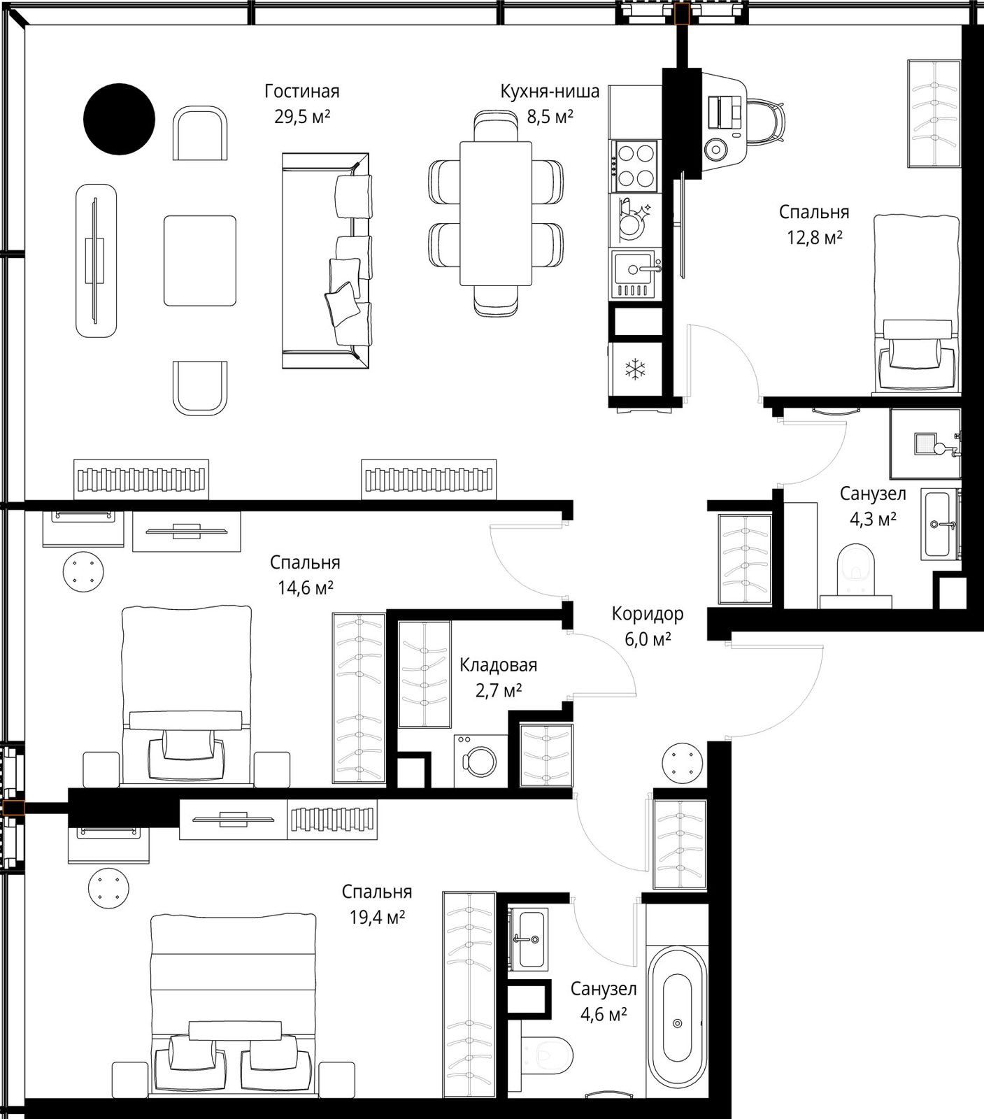 3-комнатная квартира, 102,4 м²