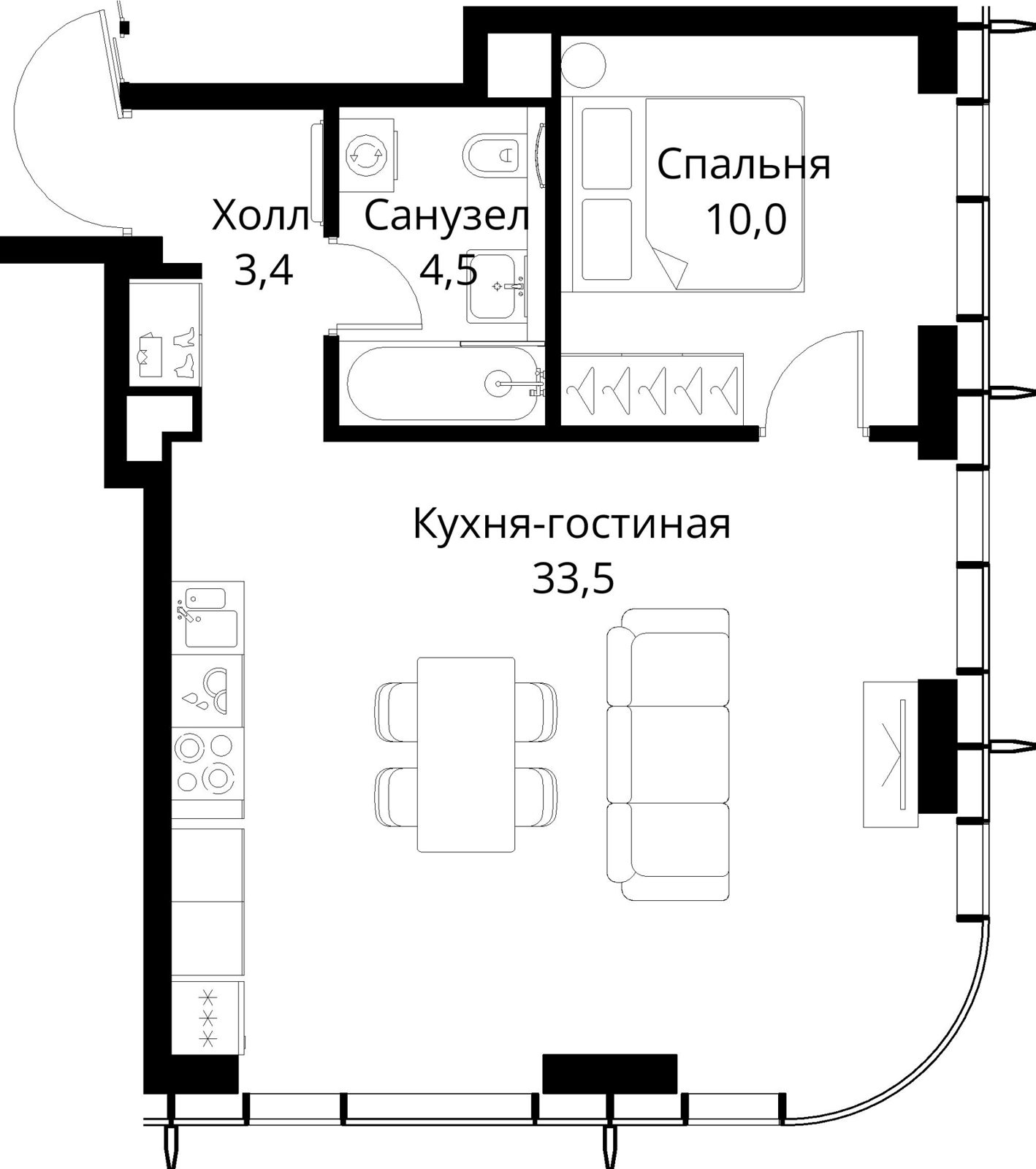 1-комнатная квартира, 51,4 м²