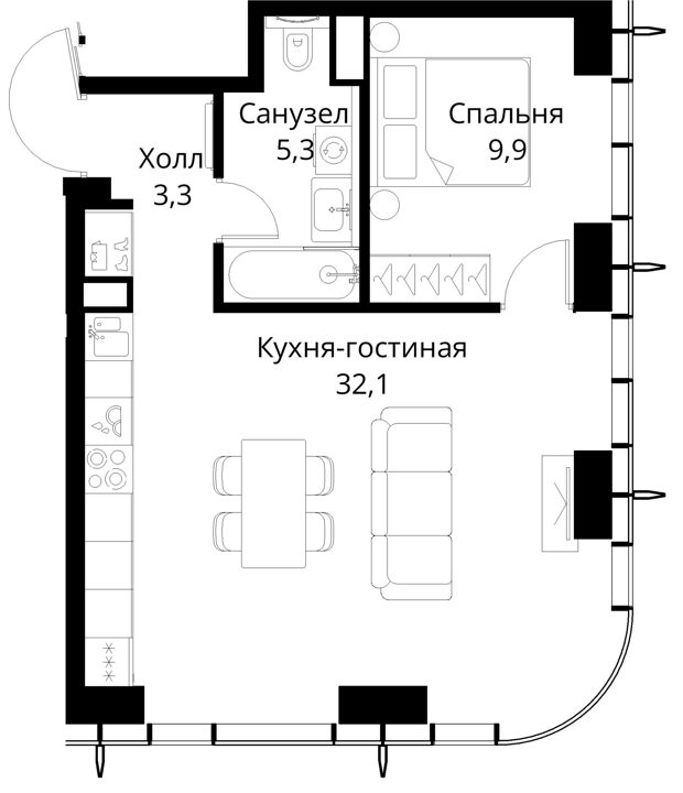 1-комнатная квартира, 50,6 м² — фото 1