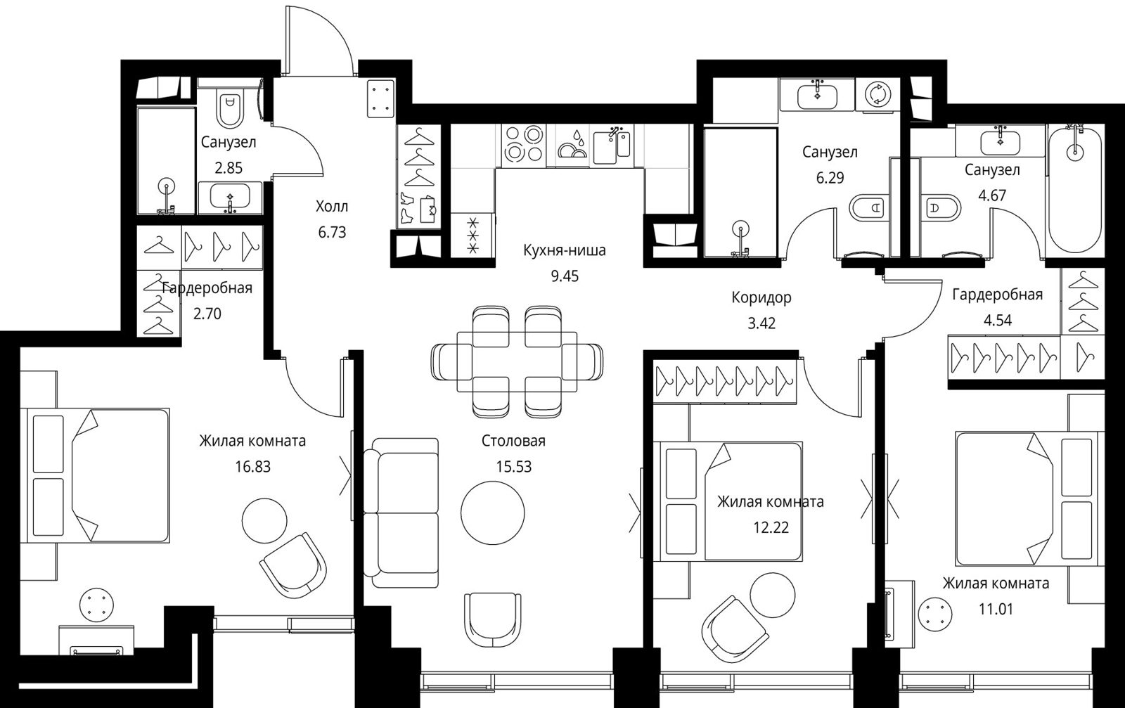 3-комнатная квартира, 96,2 м²