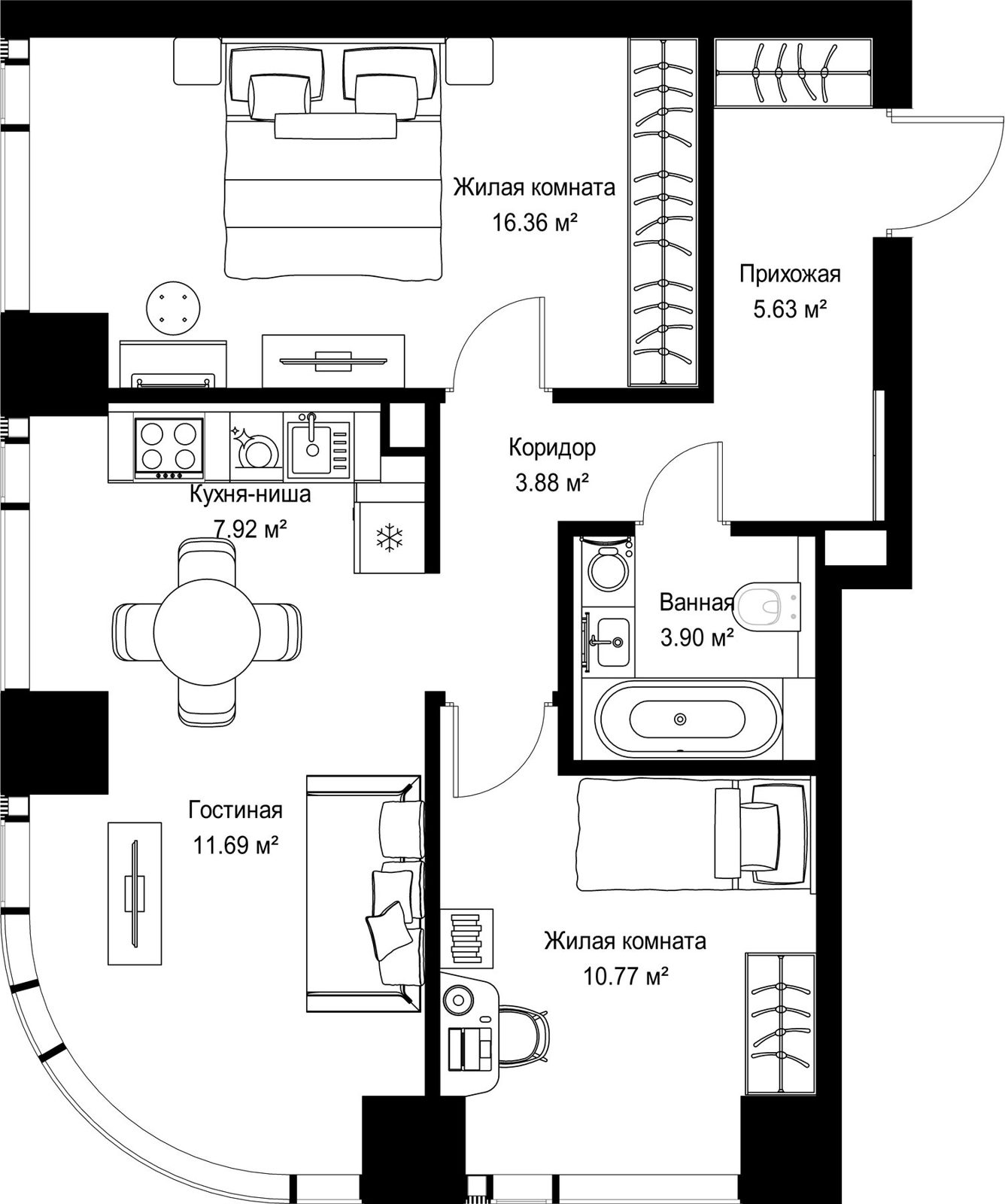 2-комнатная квартира, 60,1 м²