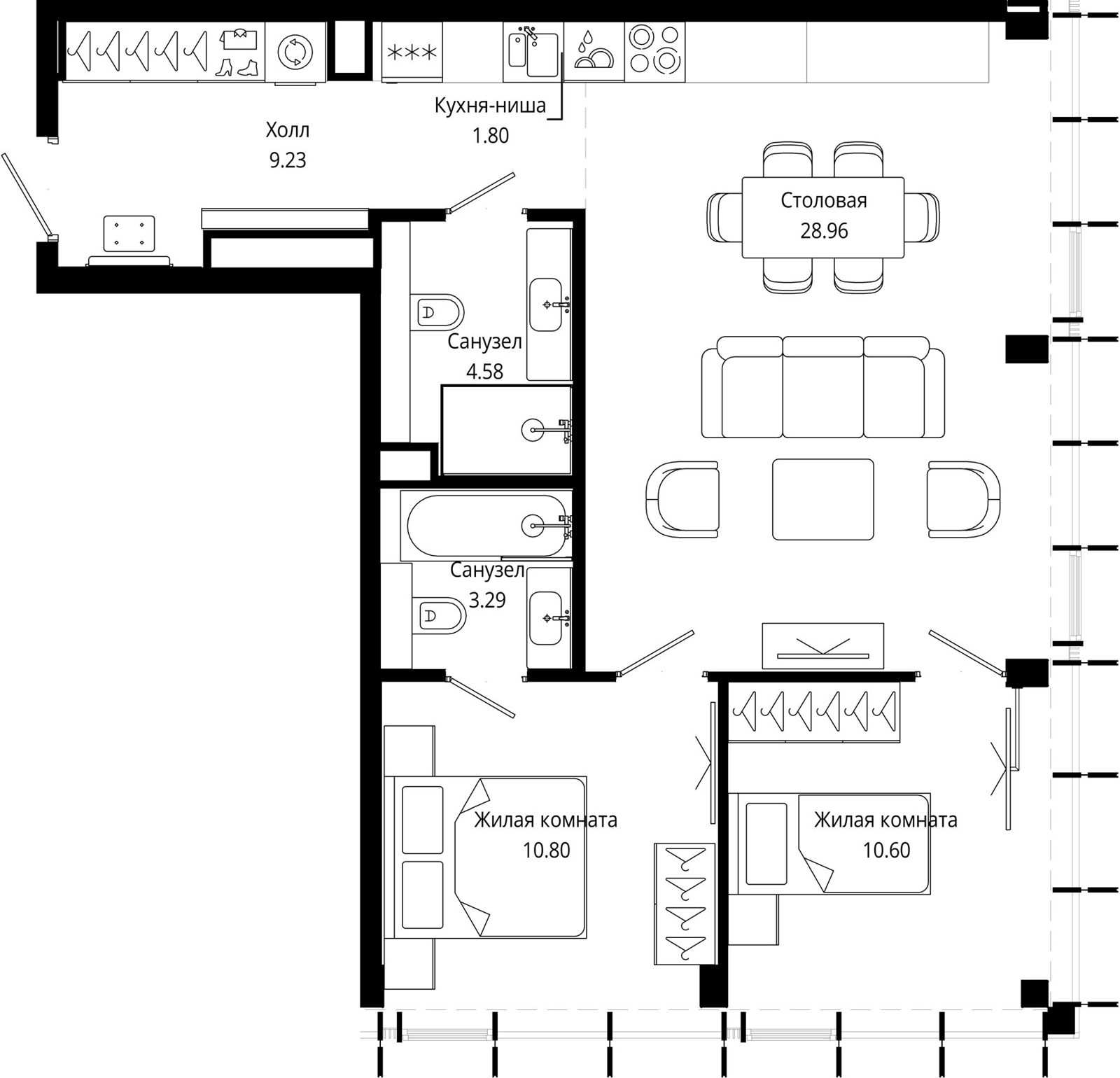2-комнатная квартира, 68,6 м²