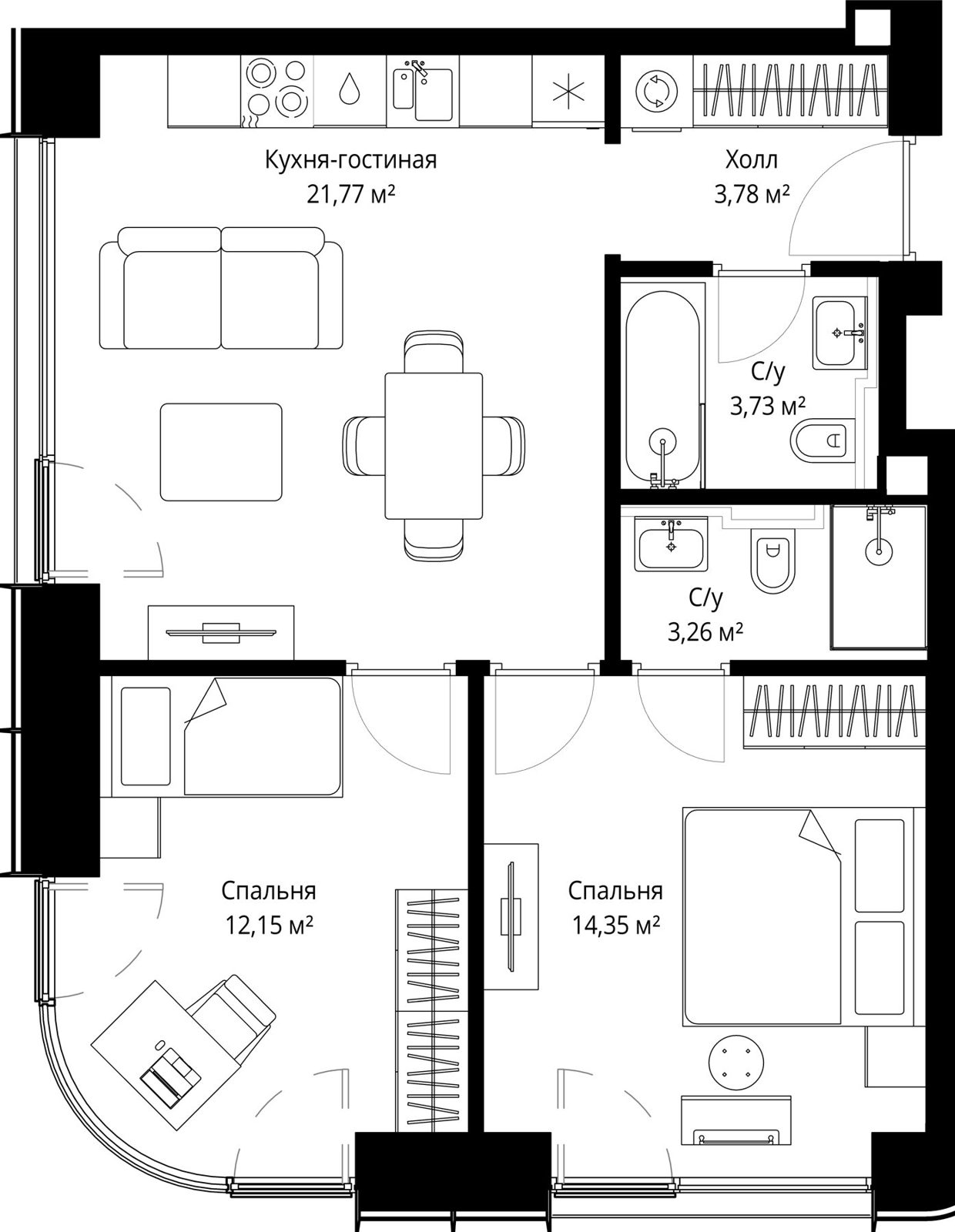 2-комнатная квартира, 59 м²