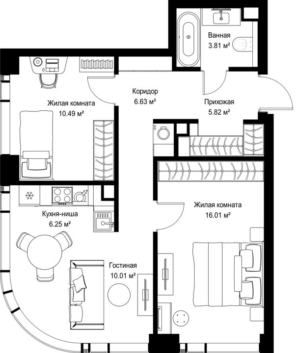 2-комнатная квартира, 59 м²