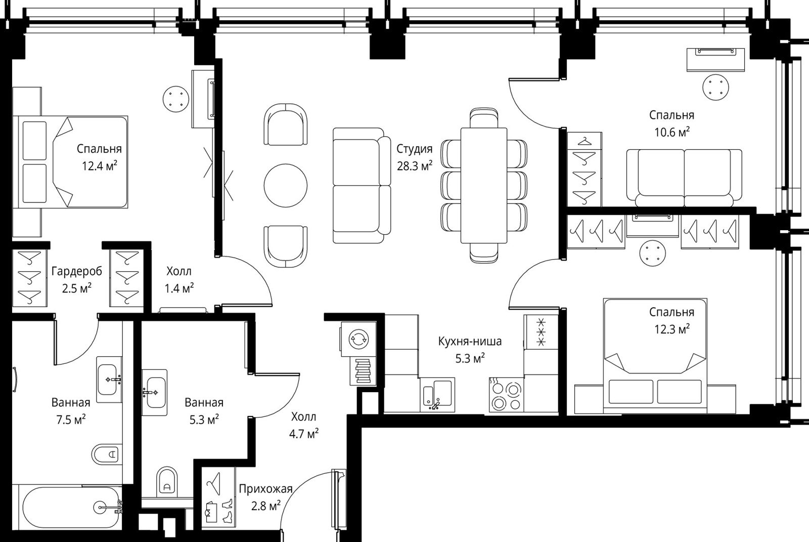 3-комнатная квартира, 93,1 м²