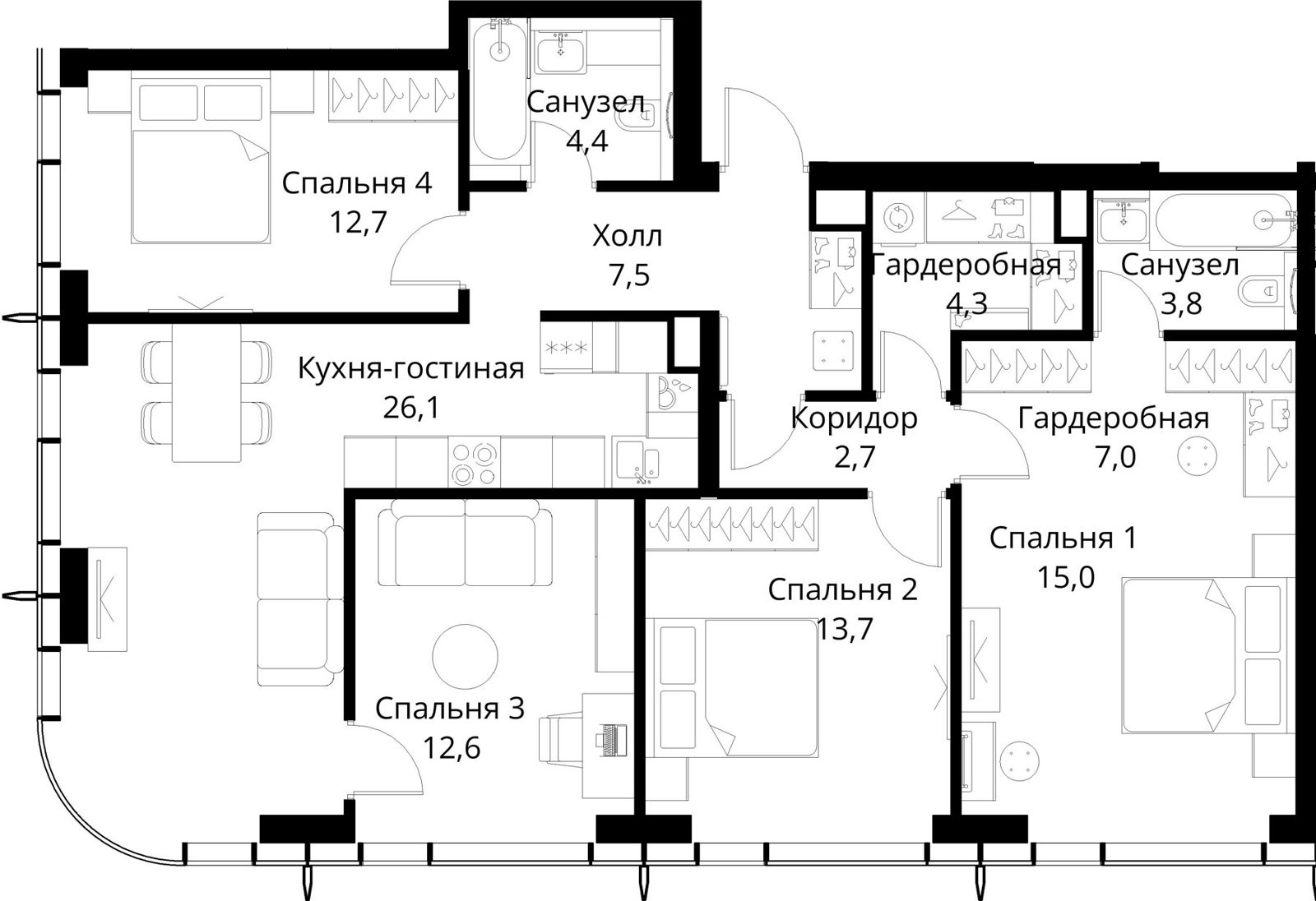 4-комнатная квартира, 109,8 м²