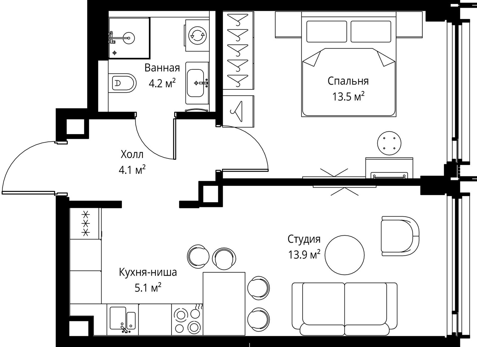 1-комнатная квартира, 40,8 м²