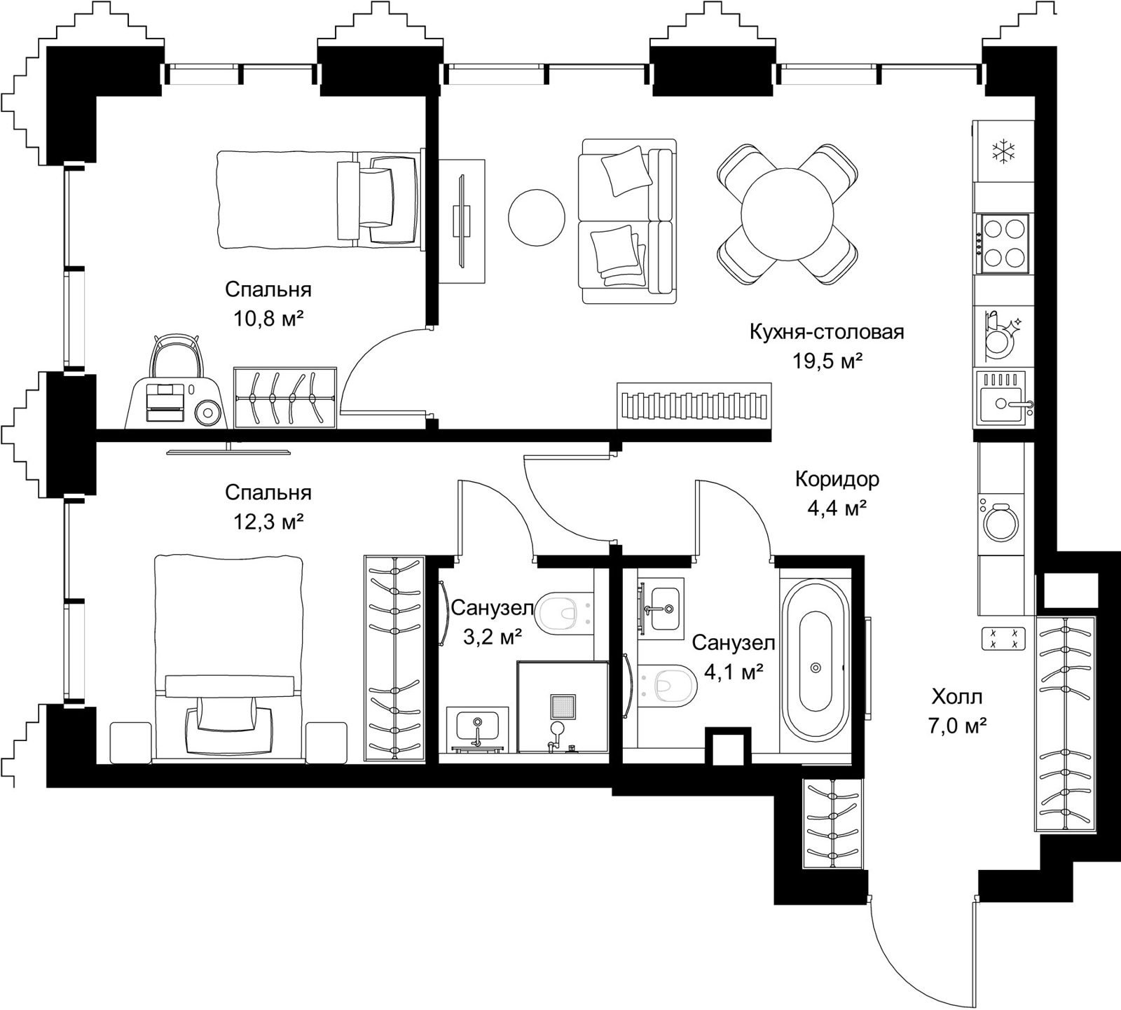 2-комнатная квартира, 61,3 м²