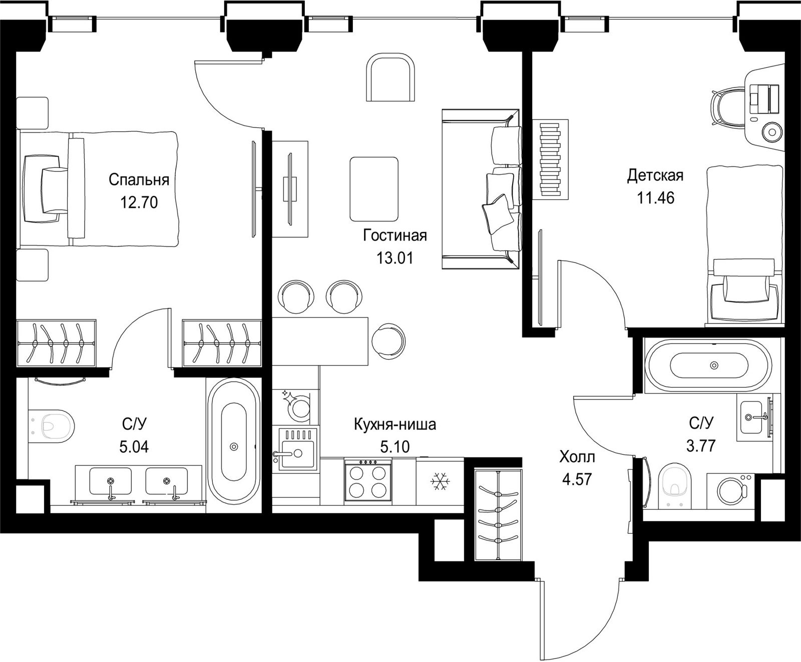 2-комнатная квартира, 55,6 м²