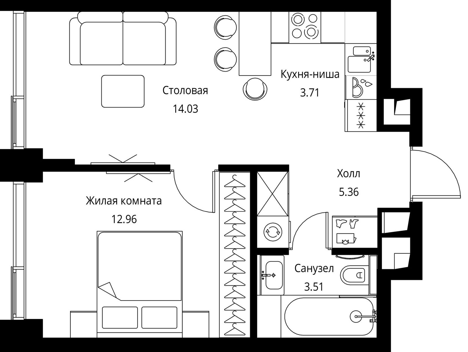 1-комнатная квартира, 39,6 м²