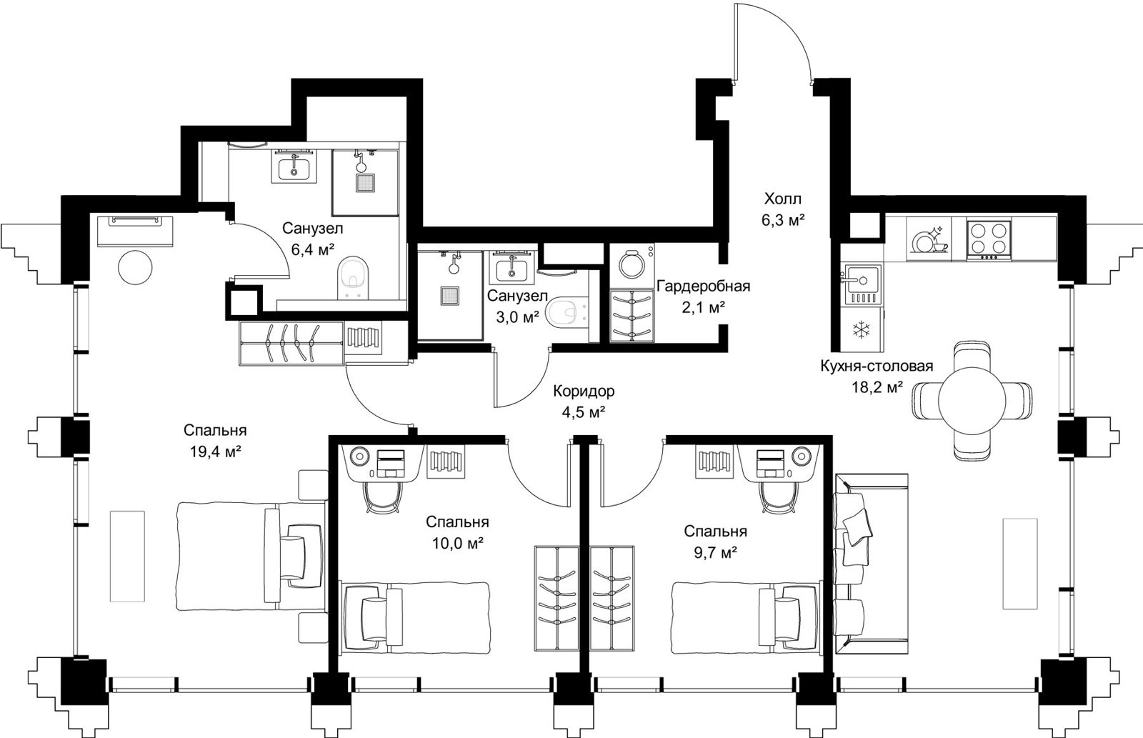 3-комнатная квартира, 79,6 м²