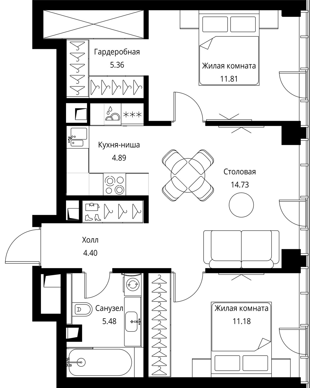2-комнатная квартира, 57,9 м²