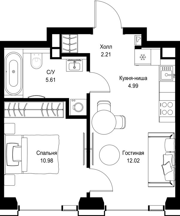 1-комнатная квартира, 35,8 м²