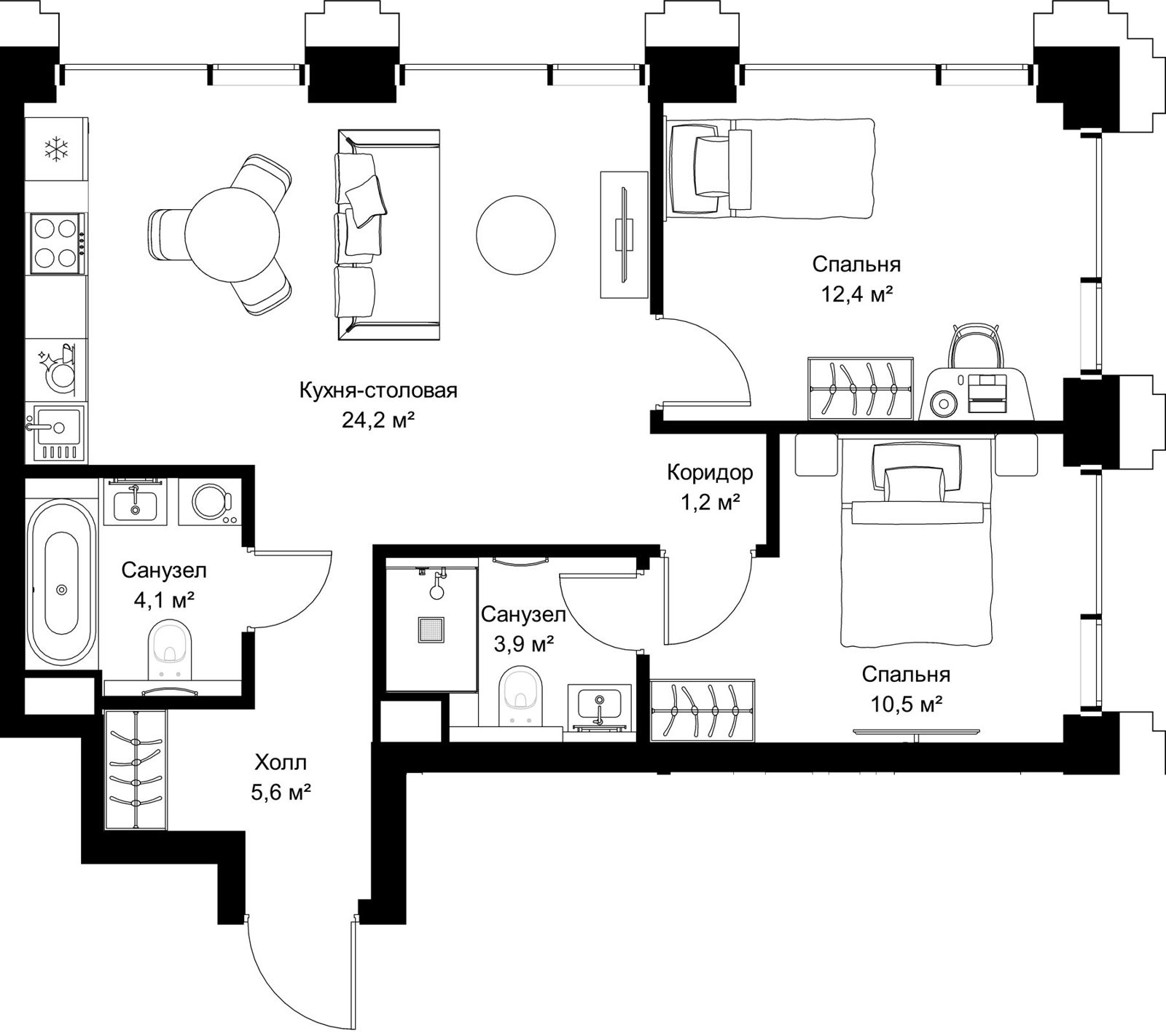 2-комнатная квартира, 61,9 м²