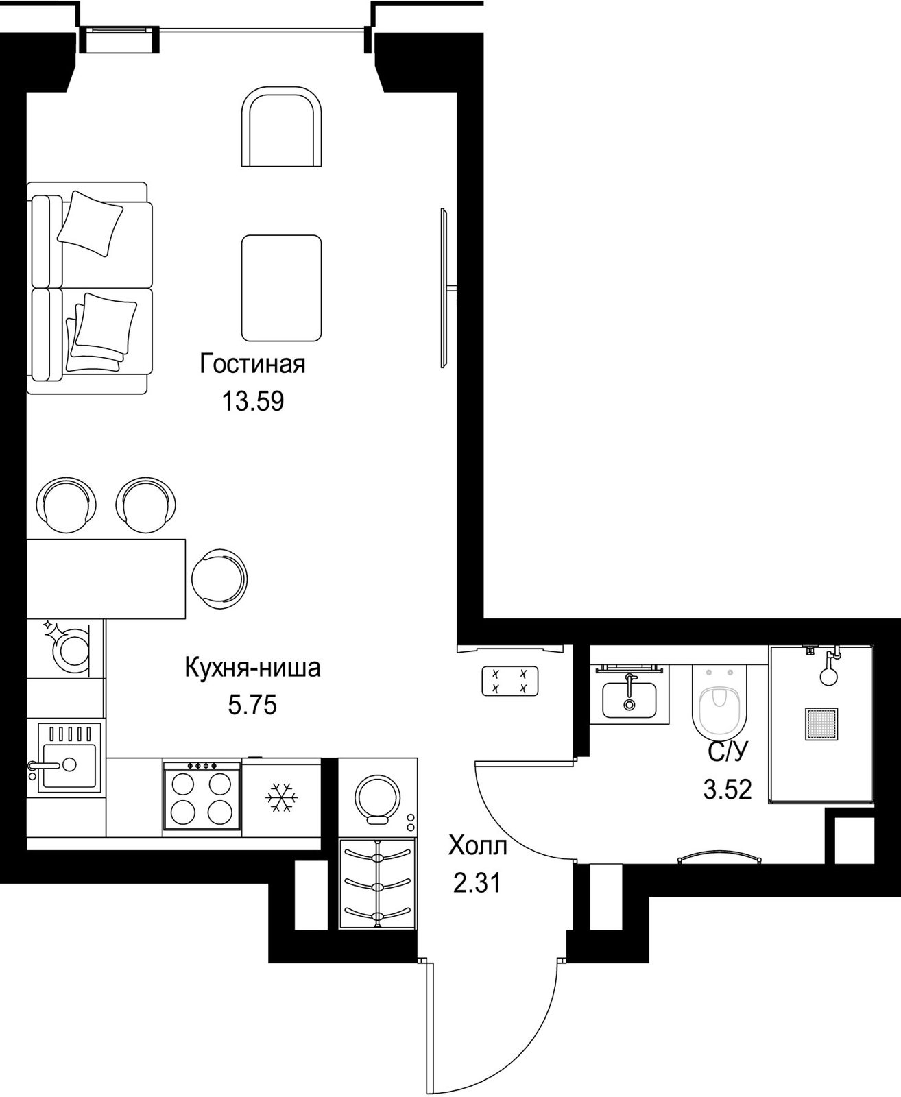 Квартира-студия, 25,2 м²