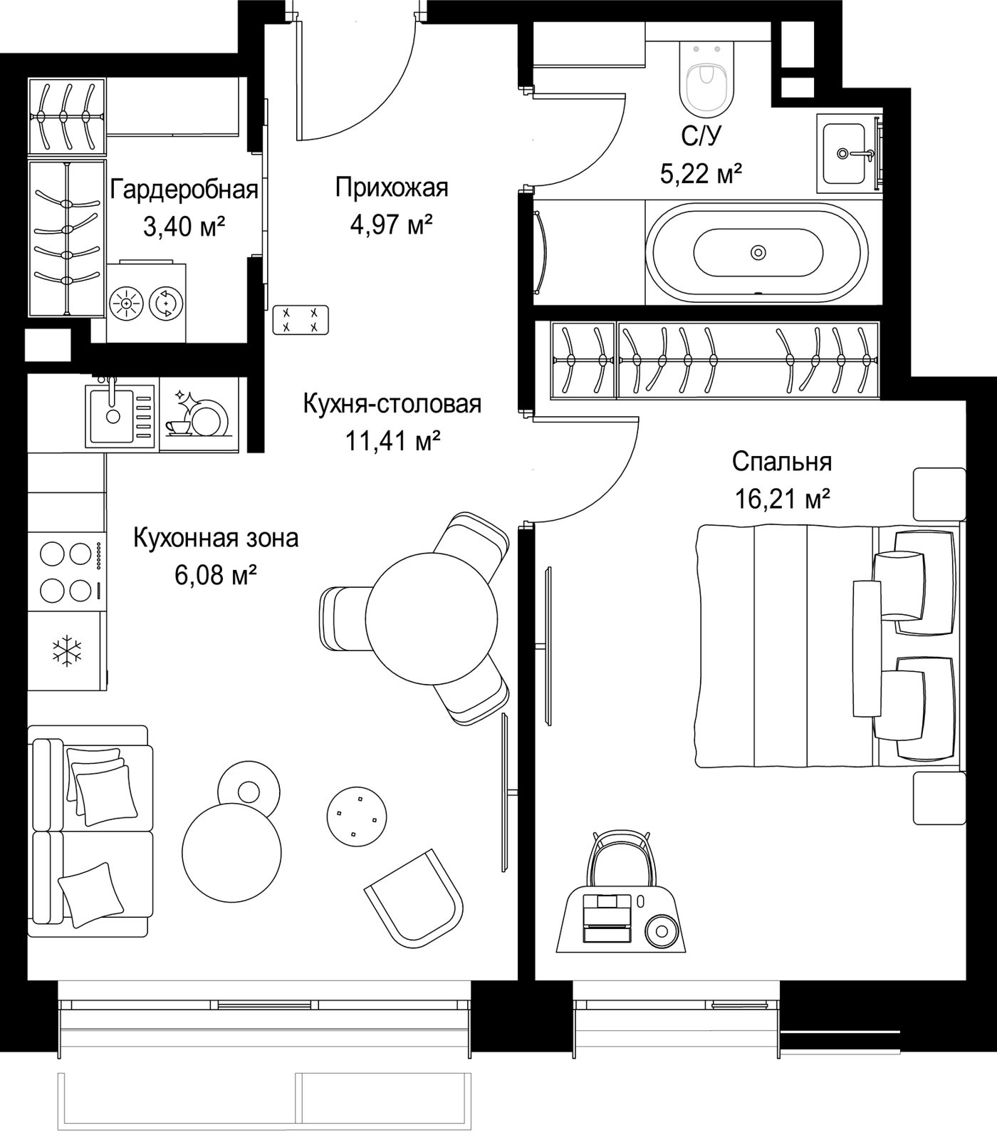 1-комнатная квартира, 47,3 м²