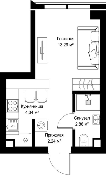 Квартира-студия, 22,7 м²