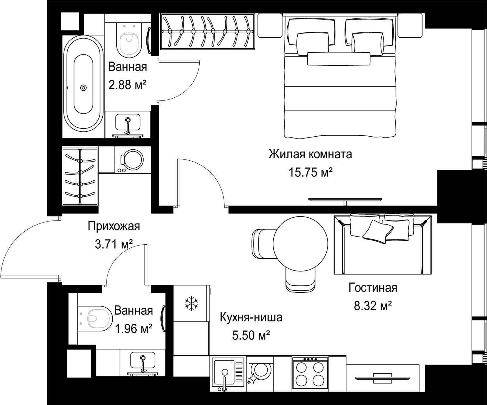 1-комнатная квартира, 38,1 м²