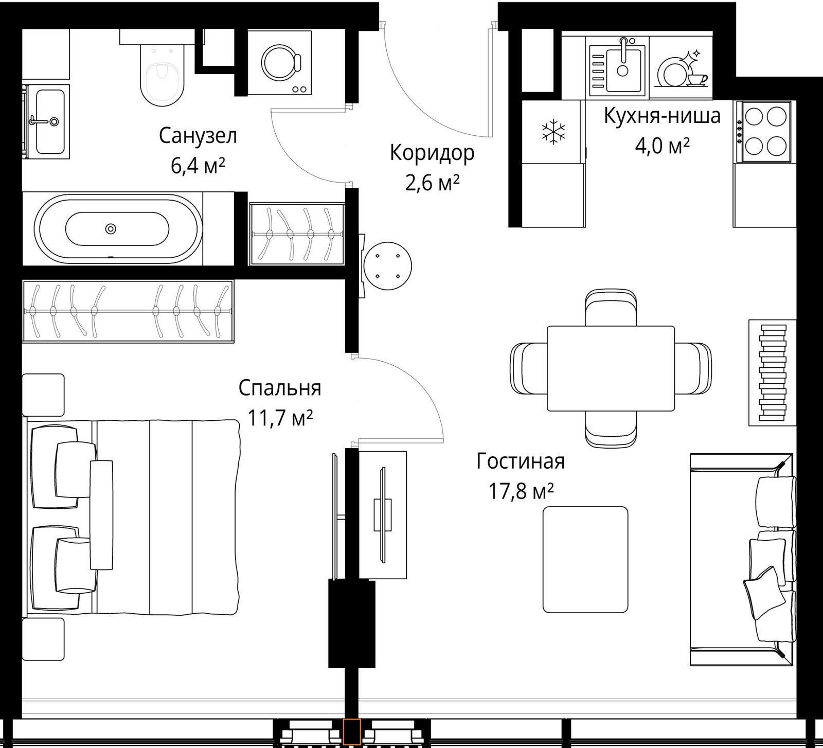 1-комнатная квартира, 42,5 м²