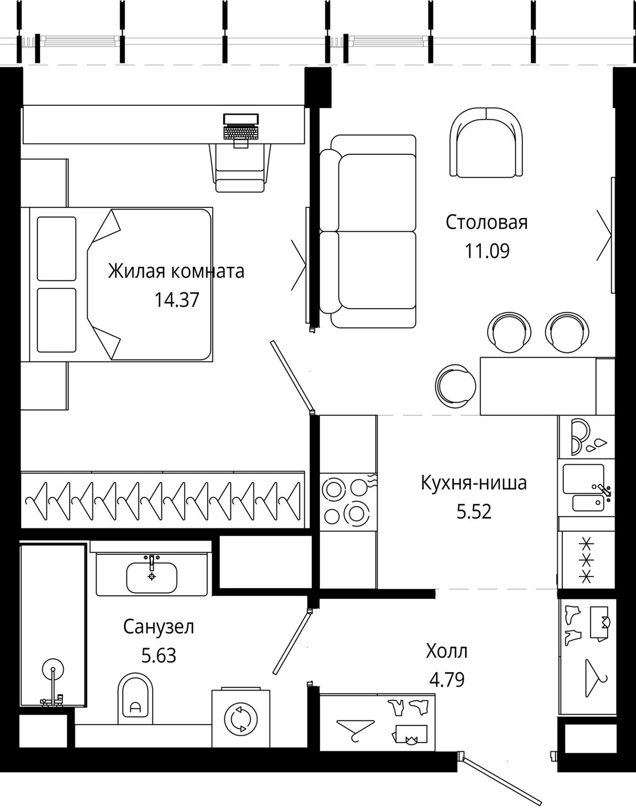1-комнатная квартира, 41,4 м²