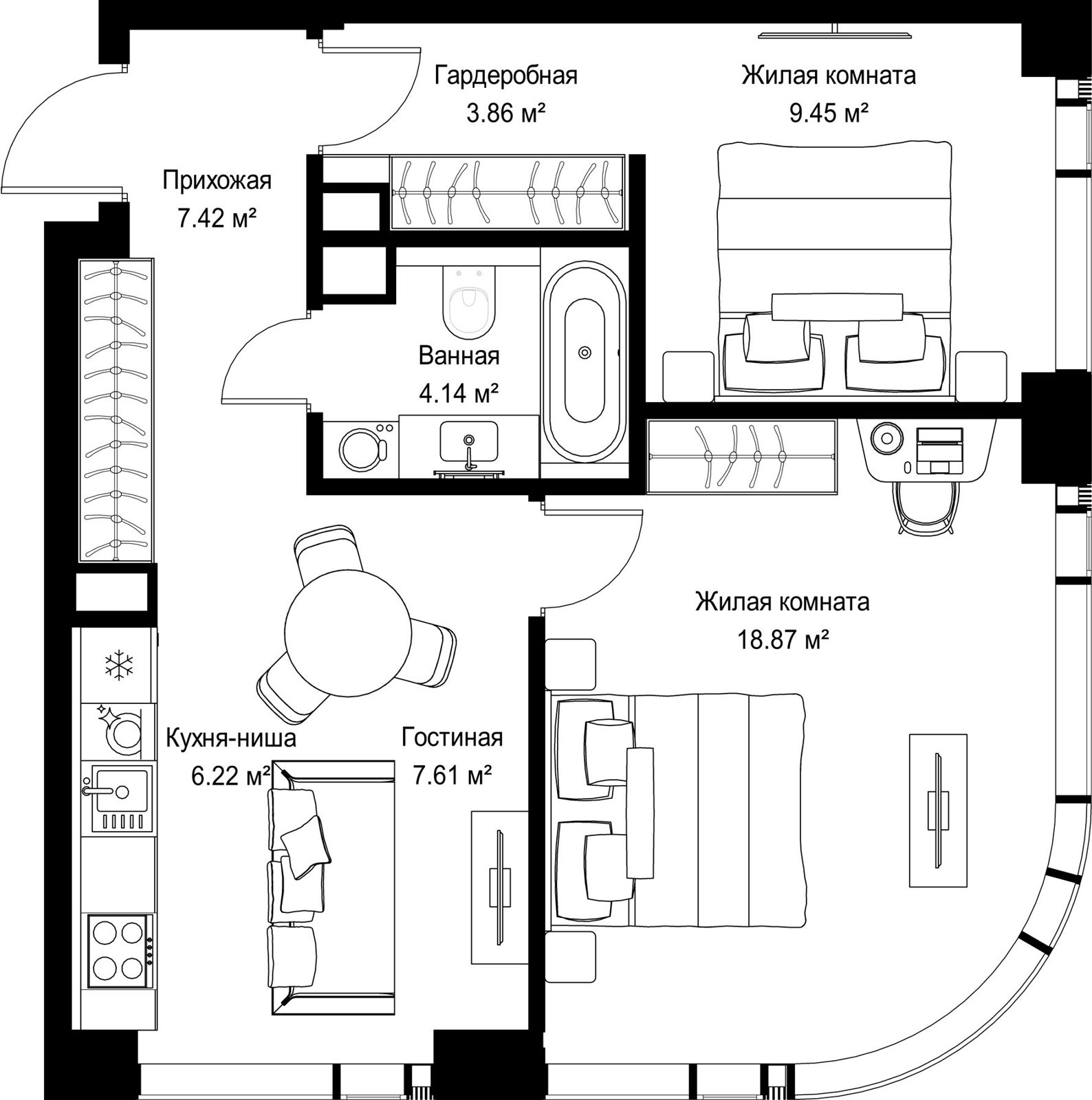 2-комнатная квартира, 57,6 м²
