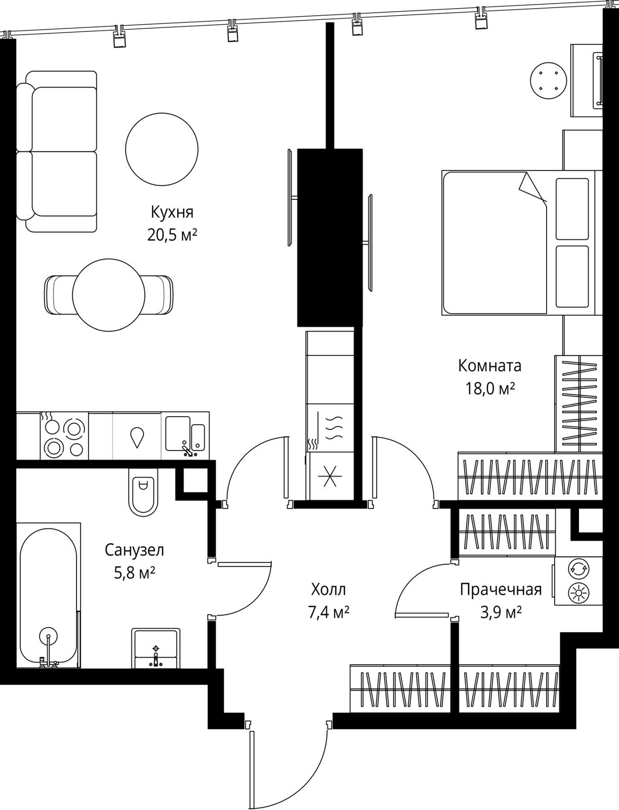 1-комнатная квартира, 55,6 м²
