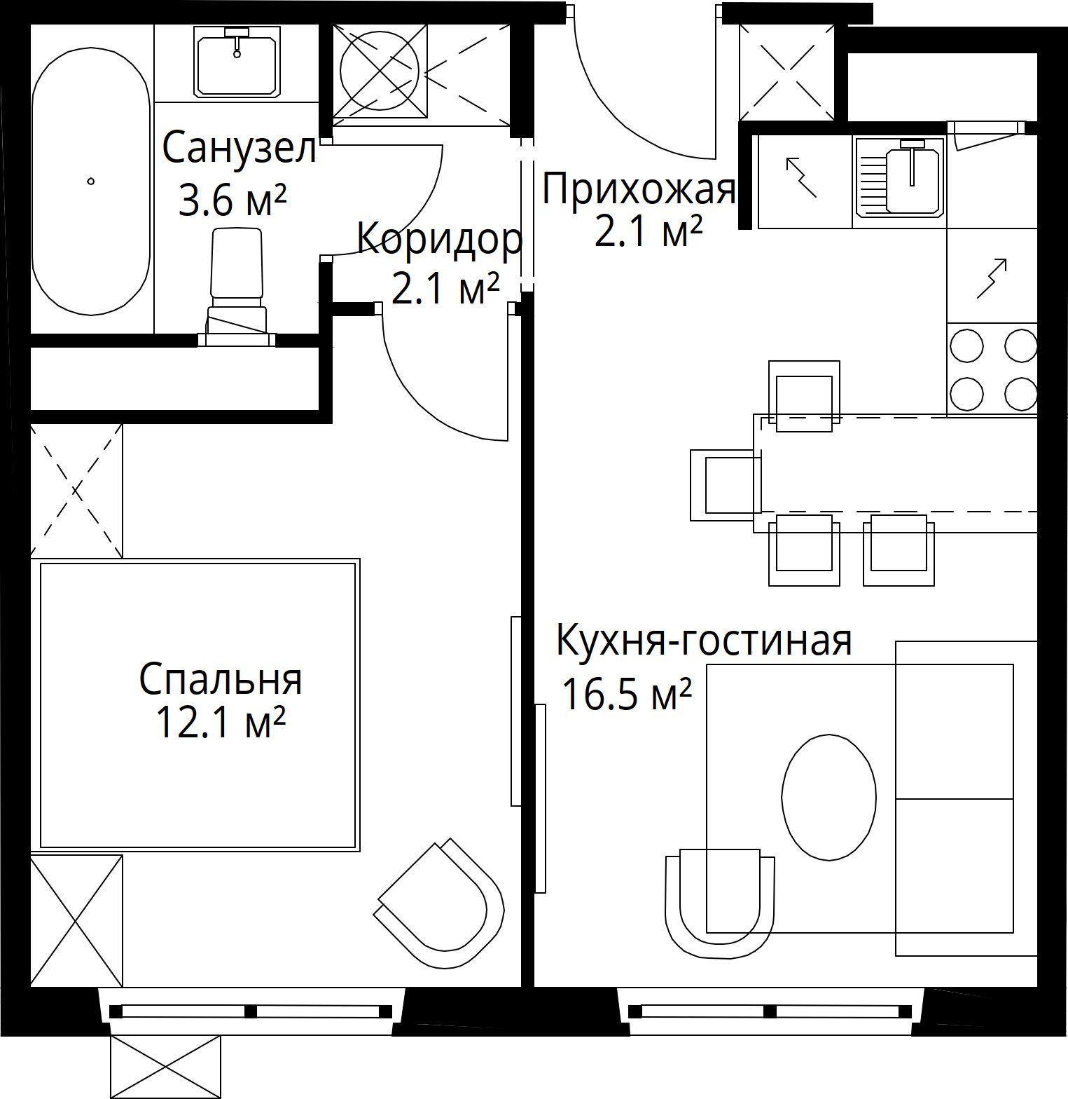 1-комнатная квартира, 36,4 м²