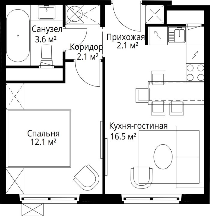 1-комнатная квартира, 36,4 м² — фото 1
