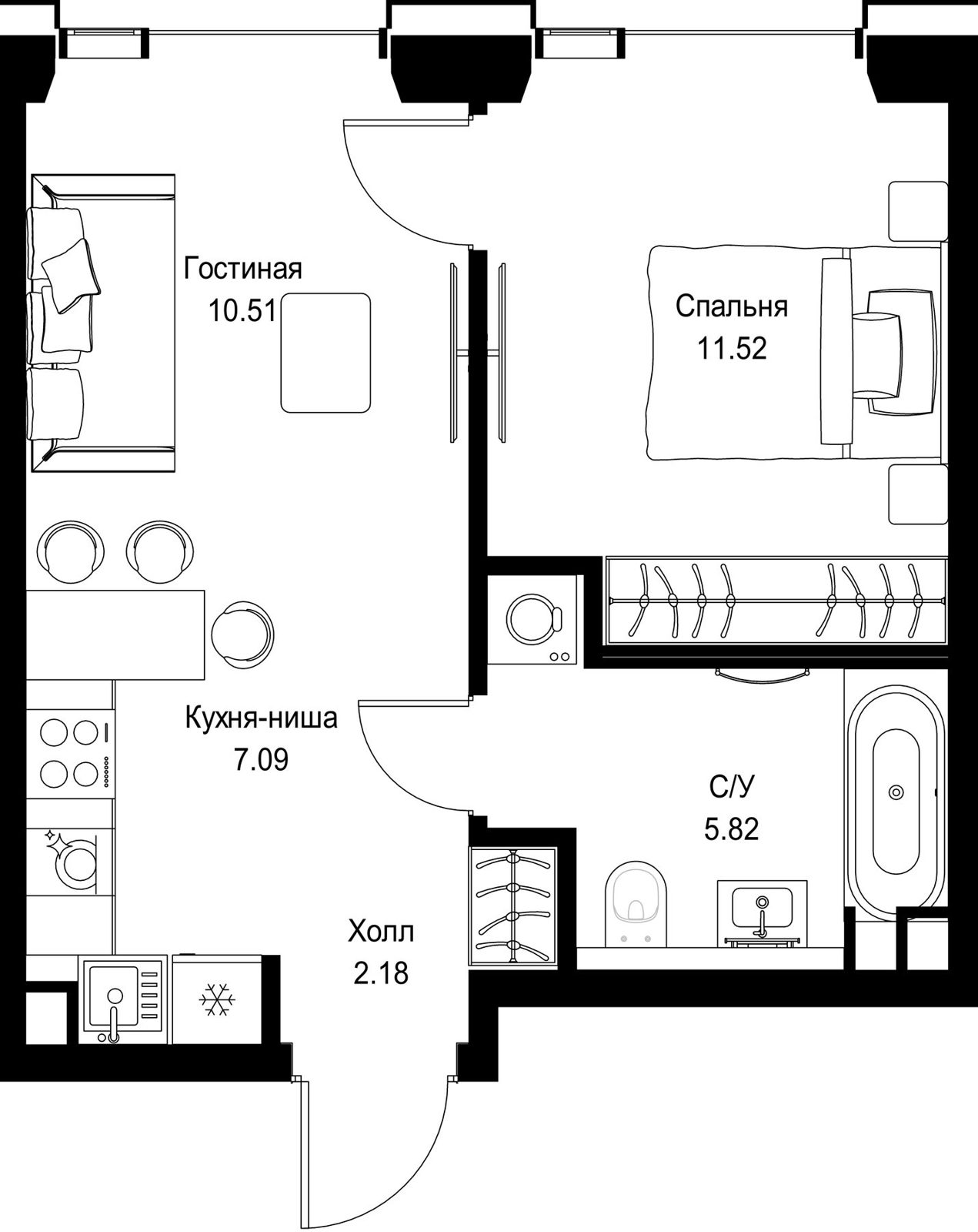 1-комнатная квартира, 37,1 м²