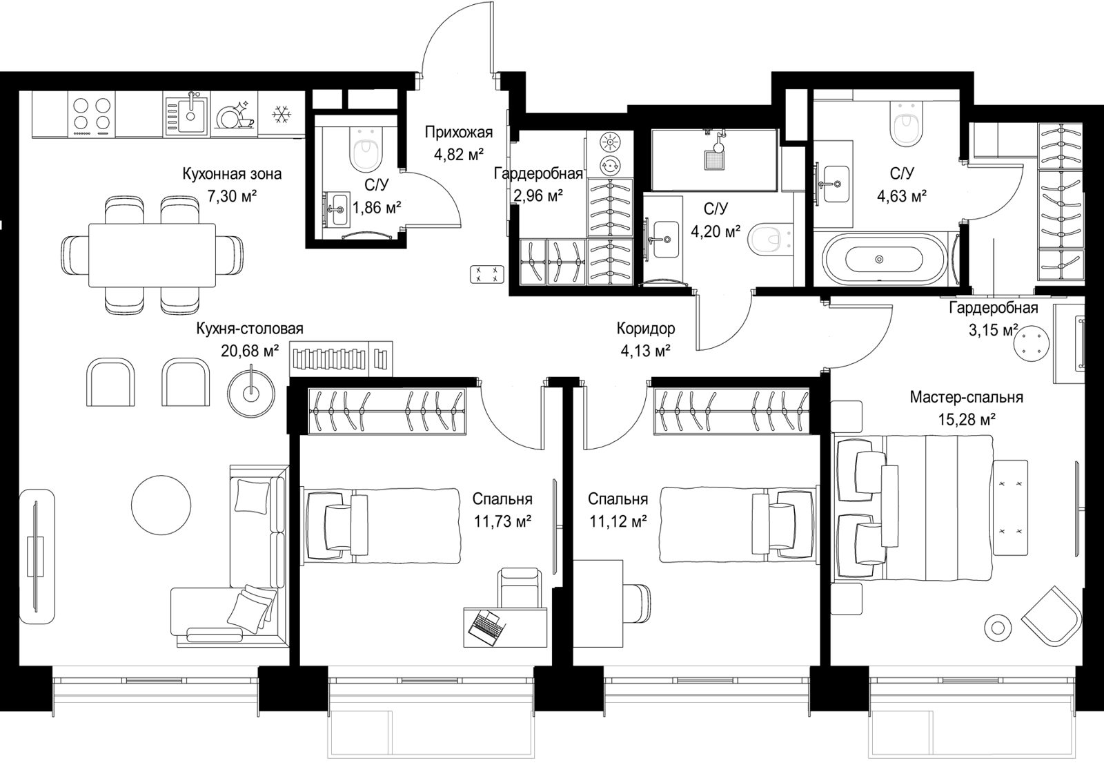 3-комнатная квартира, 91,9 м²