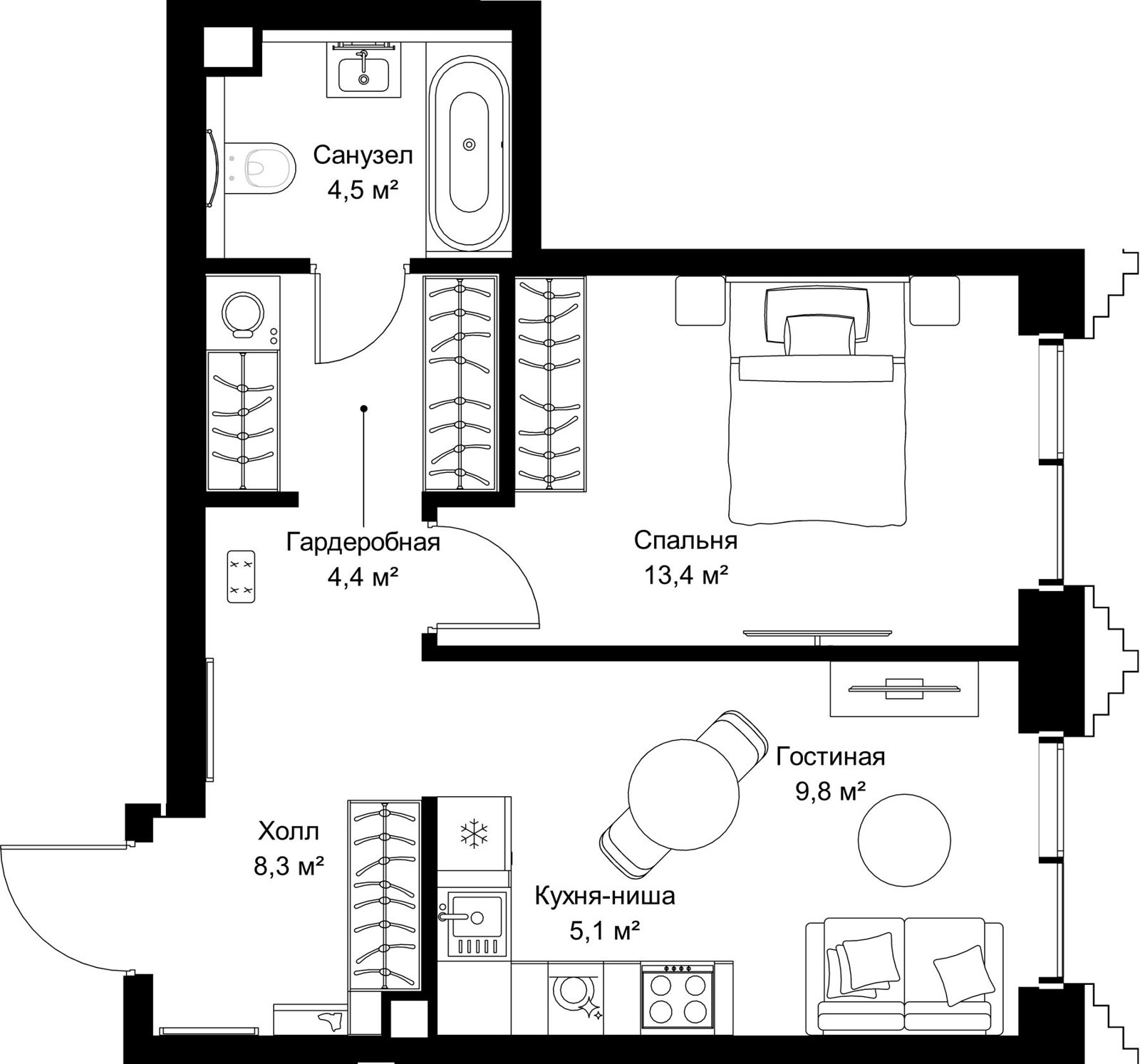 1-комнатная квартира, 45,5 м²