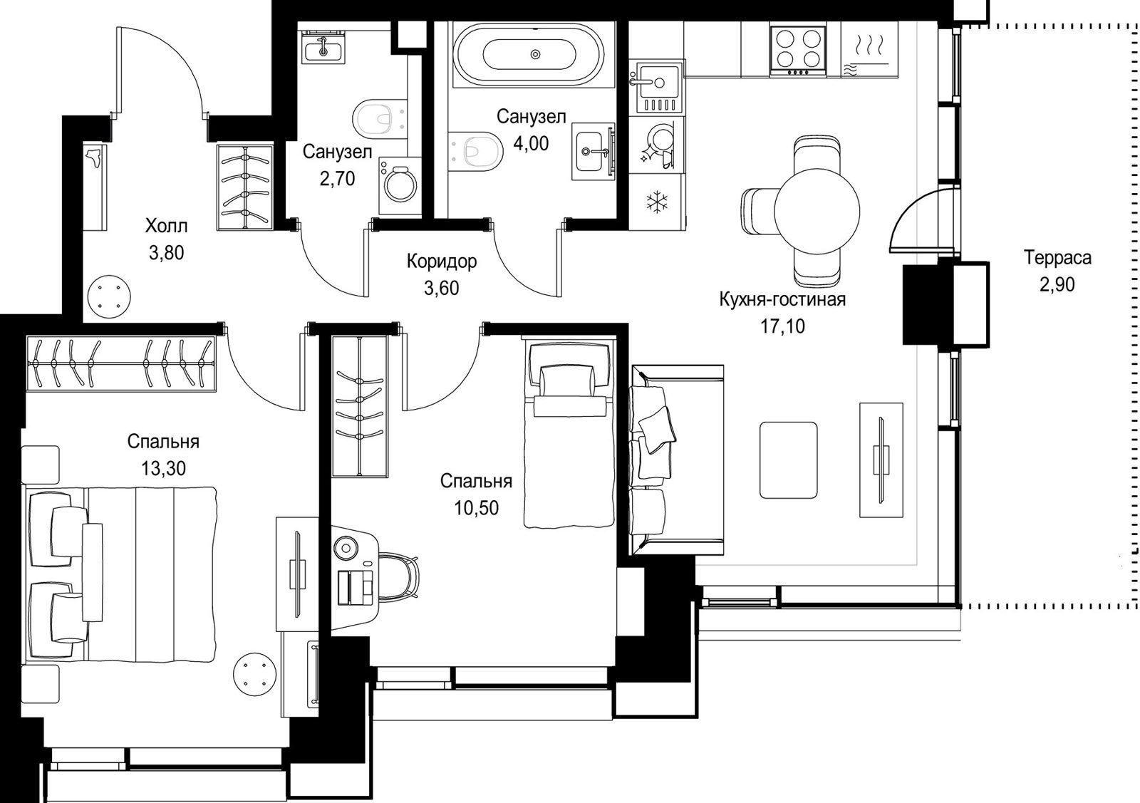 2-комнатная квартира, 57,9 м²