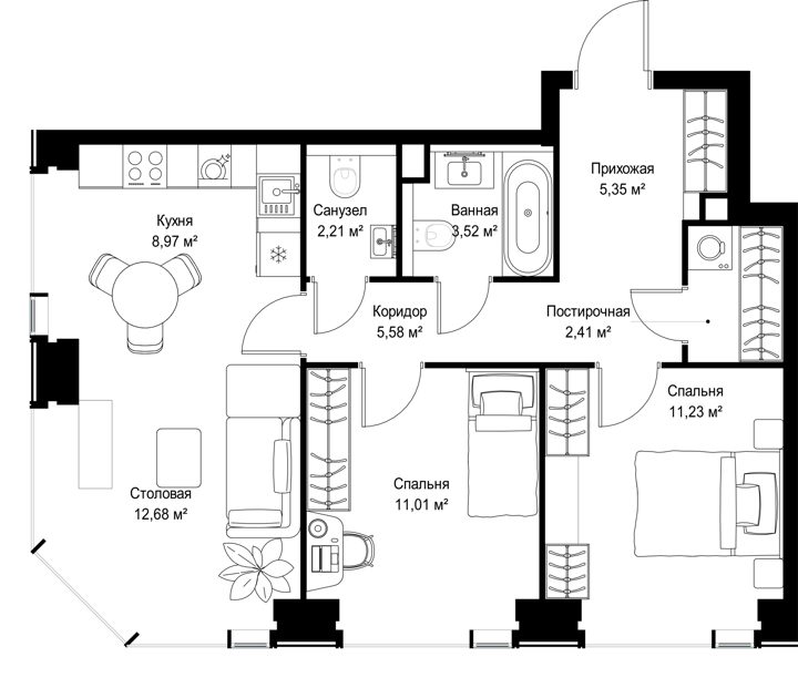 2-комнатная квартира, 63 м² — фото 2