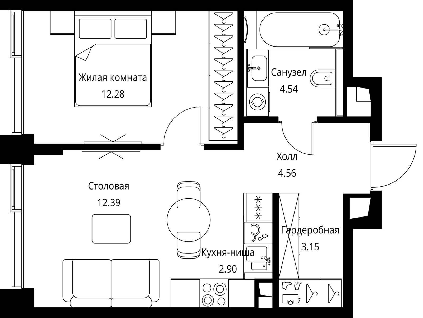 1-комнатная квартира, 39,8 м²