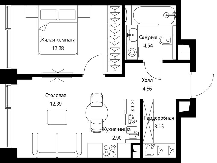 1-комнатная квартира, 39,8 м² — фото 1