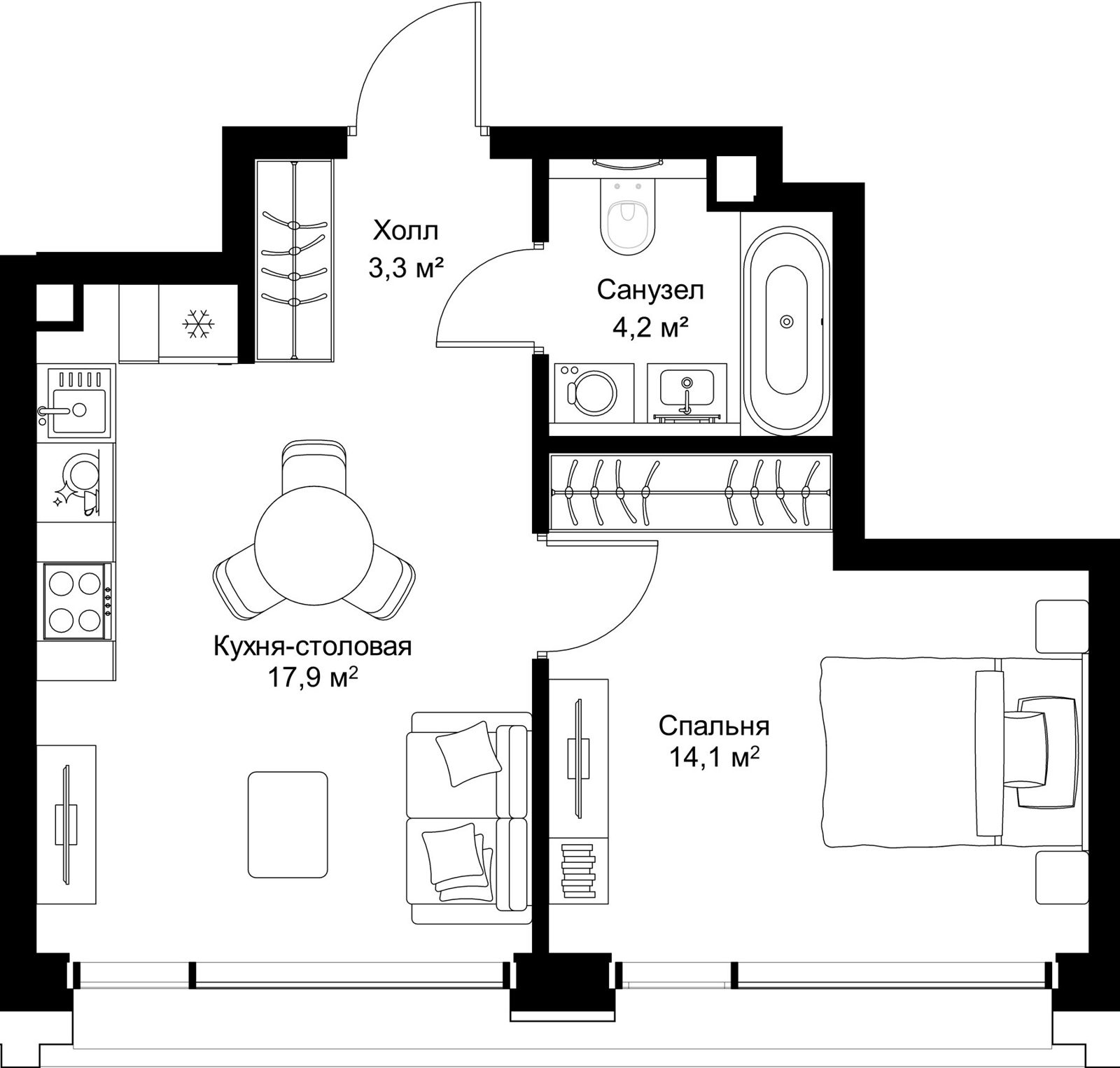 1-комнатная квартира, 39,5 м²