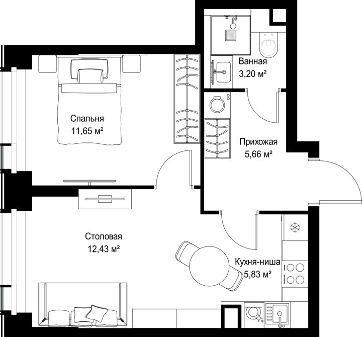 1-комнатная квартира, 38,8 м² — фото 2