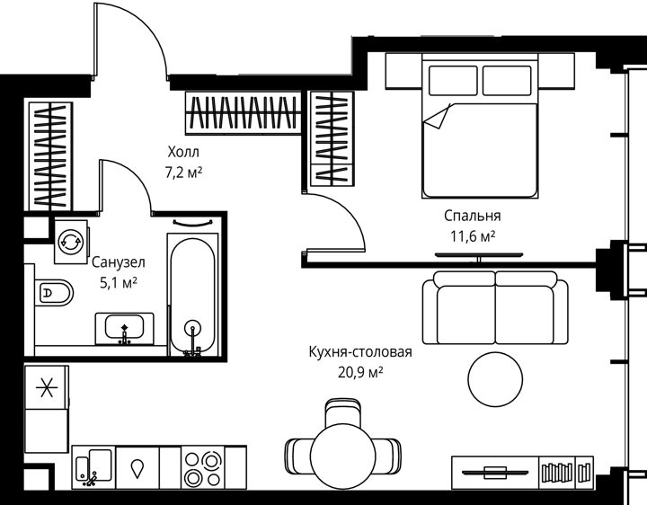 1-комнатная квартира, 44,8 м²