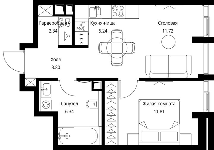 1-комнатная квартира, 41,2 м² — фото 1