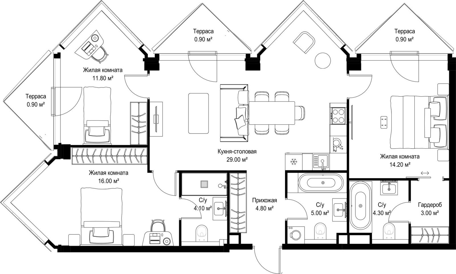 3-комнатная квартира, 94,9 м²