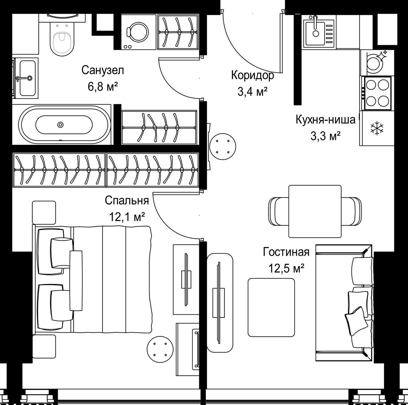 1-комнатная квартира, 38,1 м²