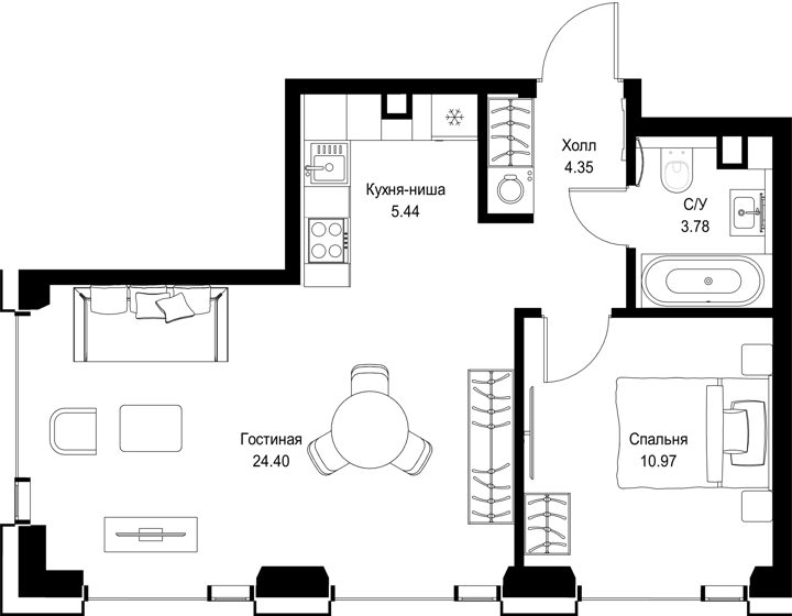 1-комнатная квартира, 48,9 м²