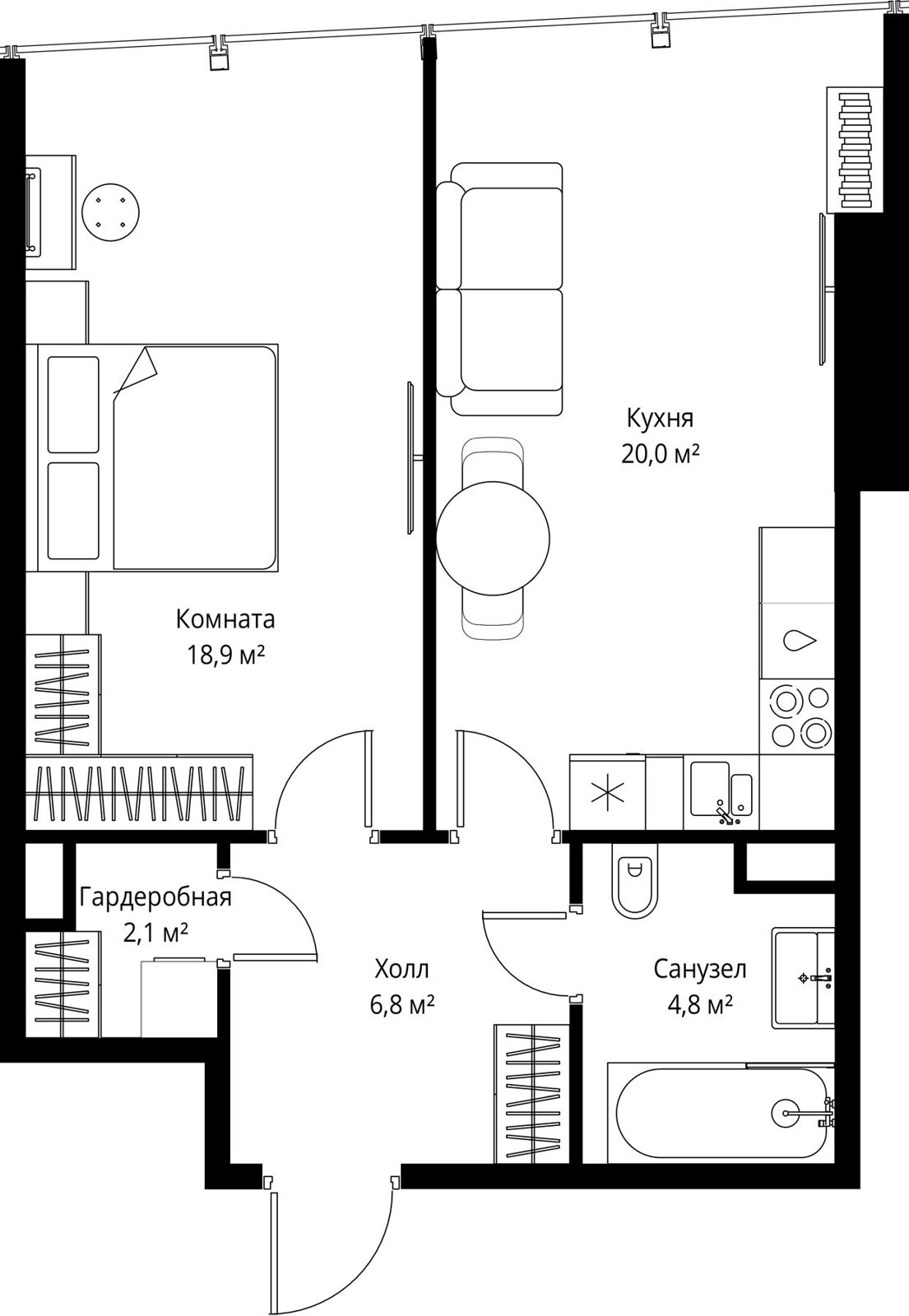 1-комнатная квартира, 52,6 м²