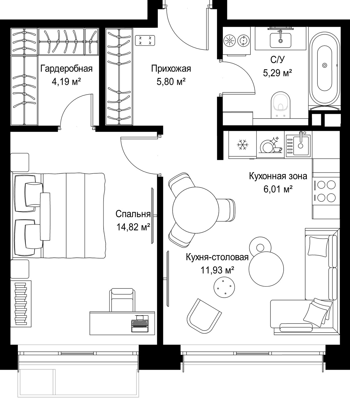 1-комнатная квартира, 48 м²