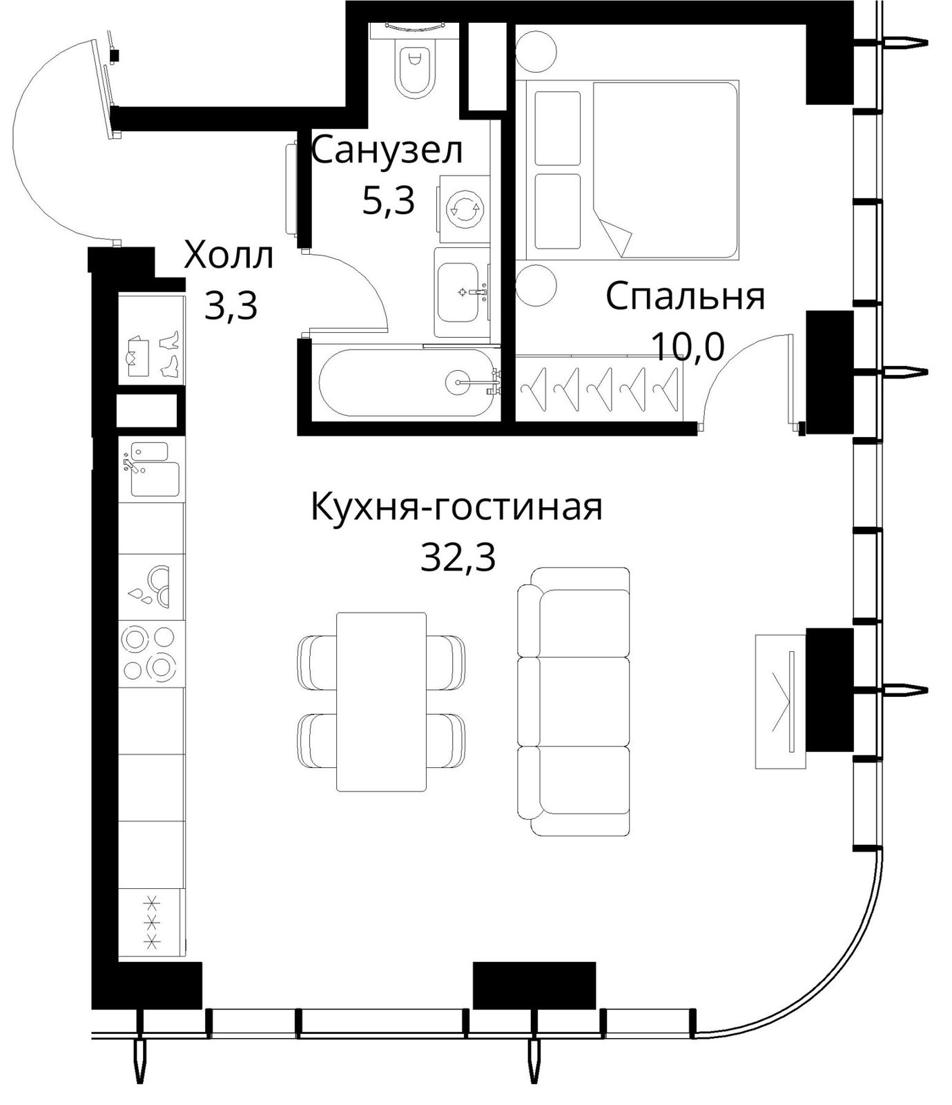 1-комнатная квартира, 50,9 м²