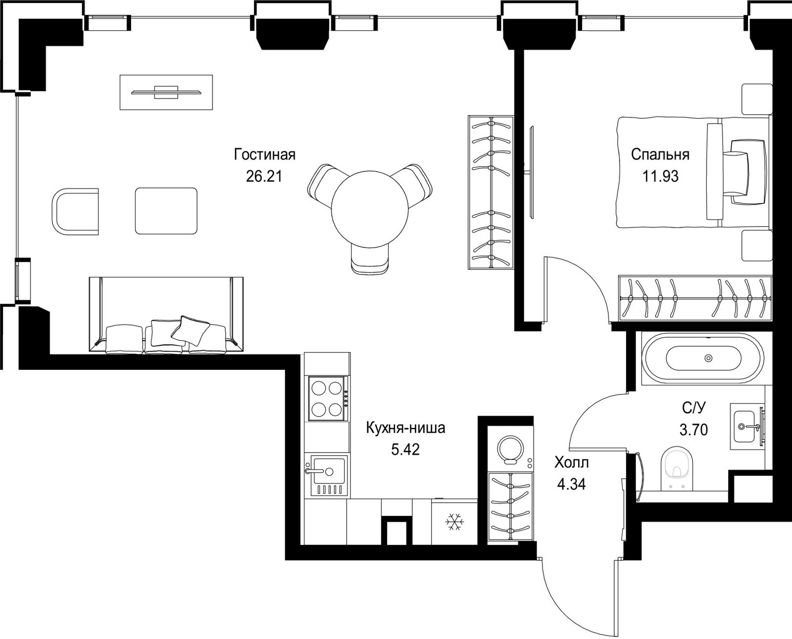 1-комнатная квартира, 51,6 м²