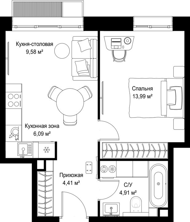 1-комнатная квартира, 39 м² — фото 1