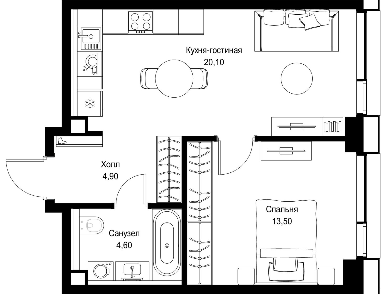 1-комнатная квартира, 43,1 м²